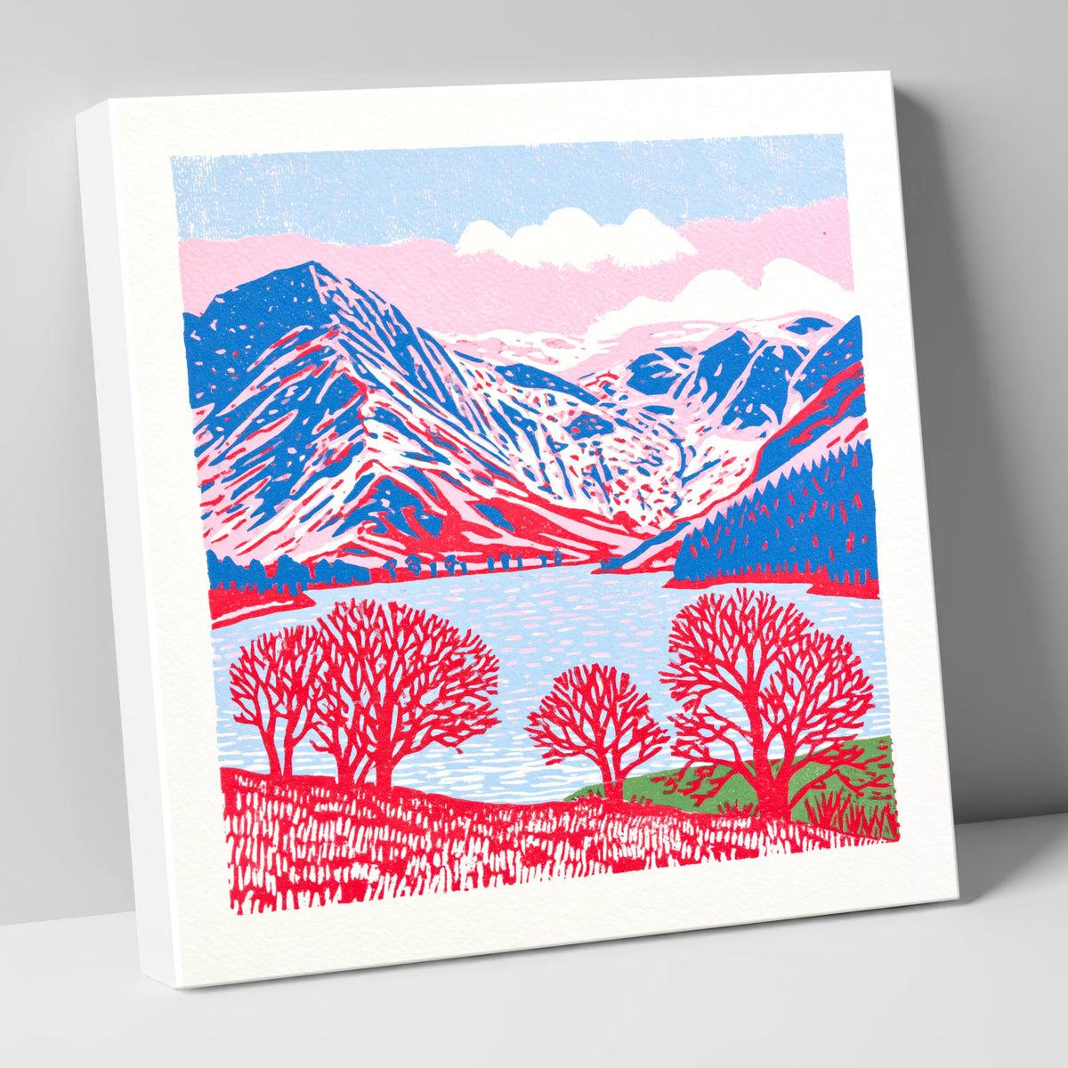 Graphic Buttermere in Red and Blue lake district lake canvas wall art