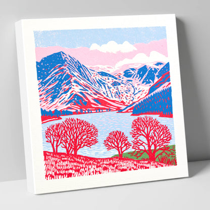 Graphic Buttermere in Red and Blue lake district lake canvas wall art