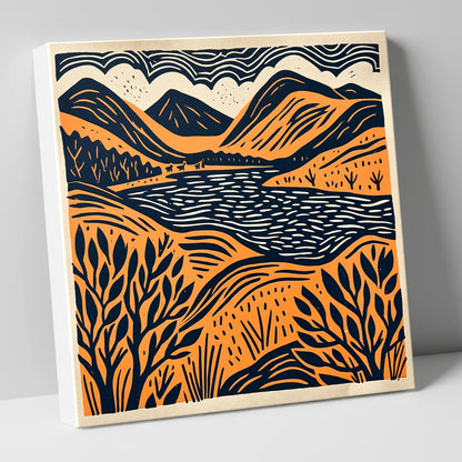 Terracotta and Navy Lake Fells lake district lake canvas wall art
