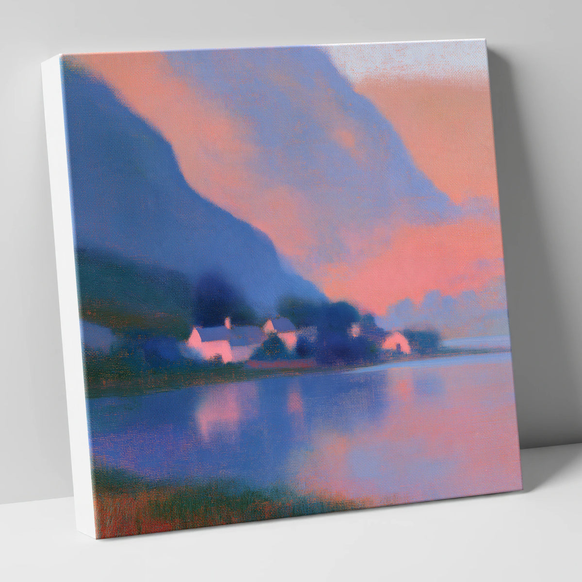 Lakeside Hamlet Beneath Indigo Fells lake district village canvas wall art