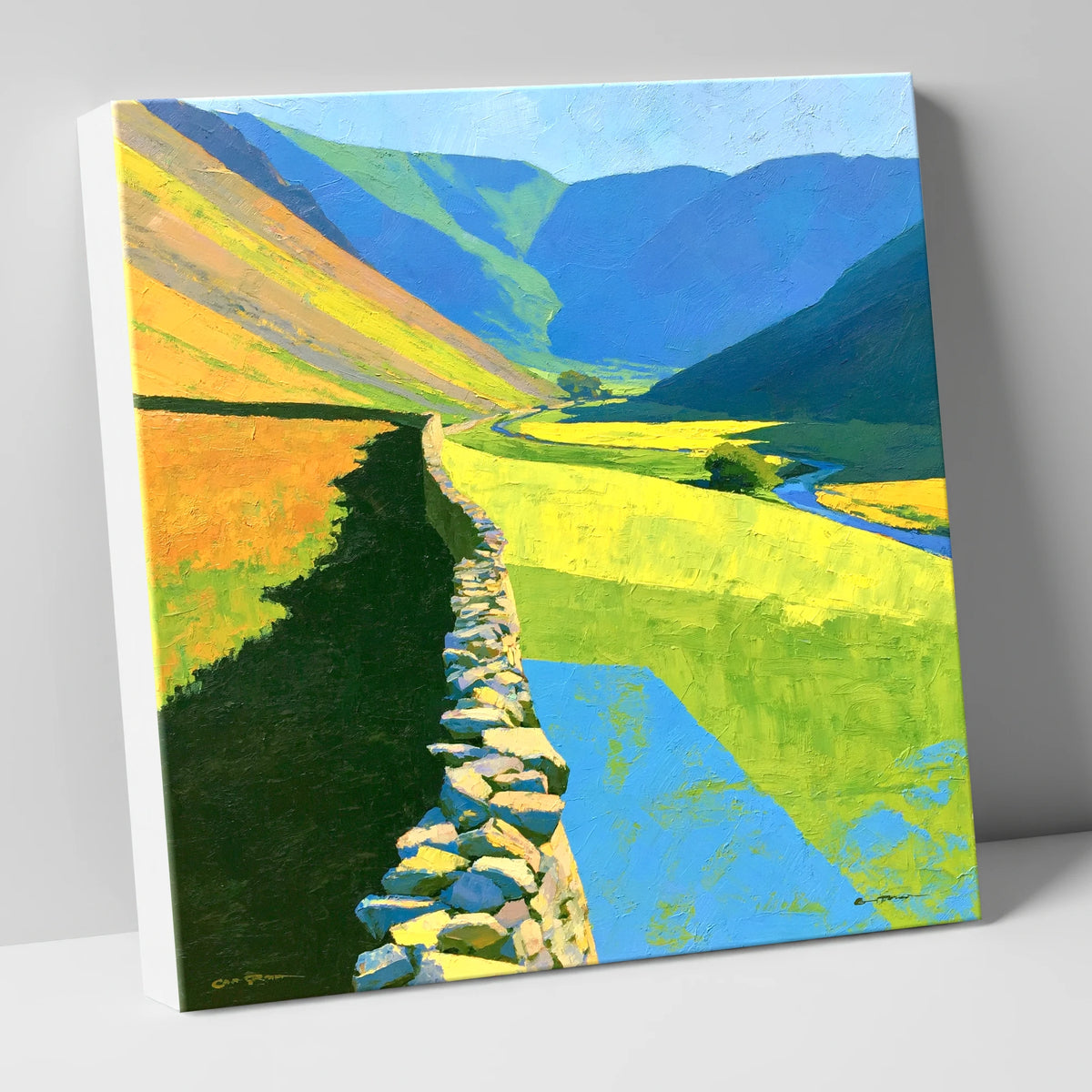 Drystone Wall Through Vibrant Valley lake district valley canvas wall art