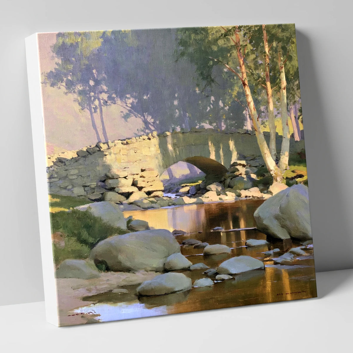 Sunlit Arched Bridge Over Beck lake district waterfall canvas wall art