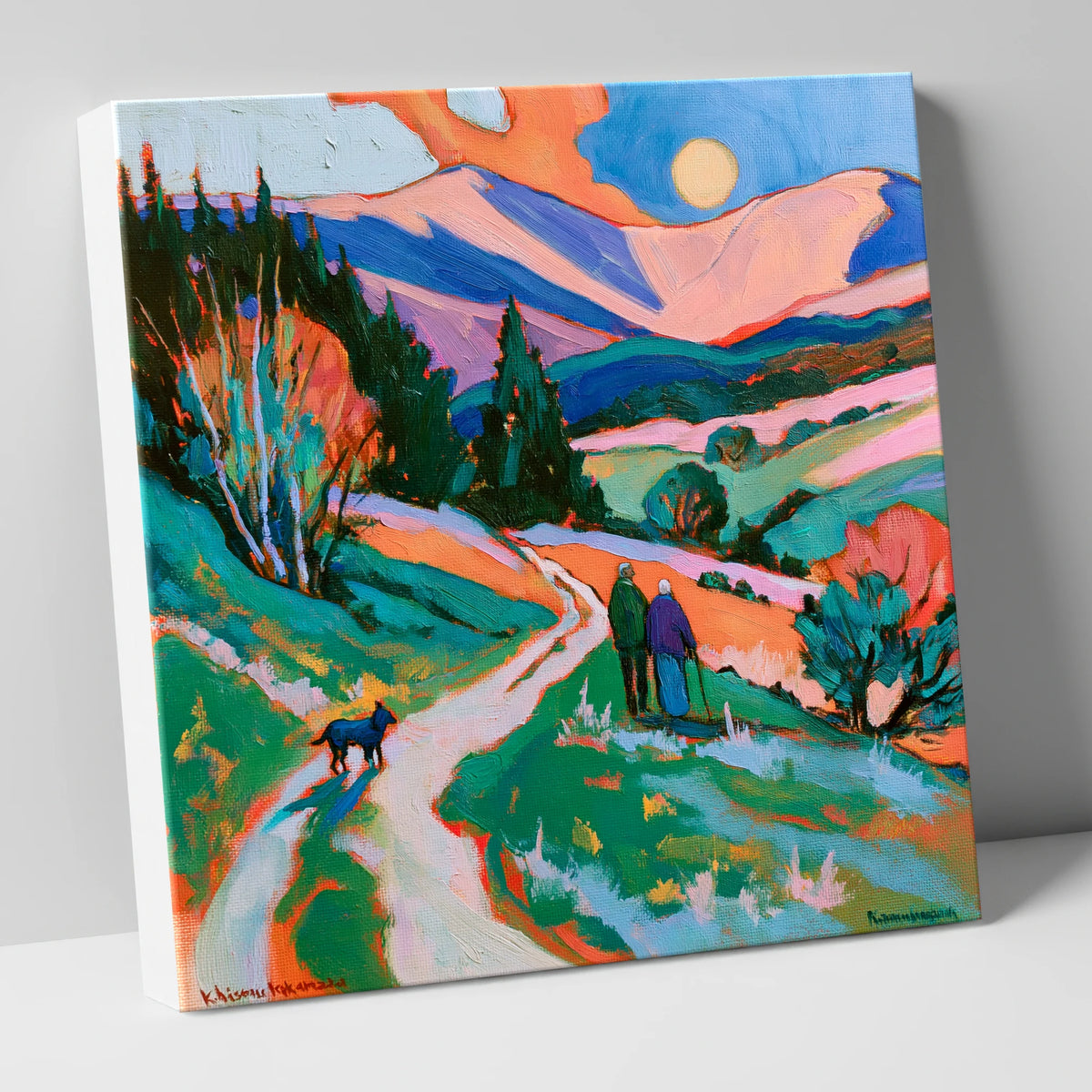 Colourful Keswick Dog Walk gifts for dog walkers canvas wall art