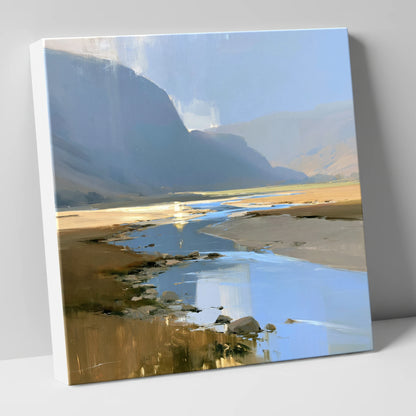 River Through Sunlit Valley lake district waterfall canvas wall art