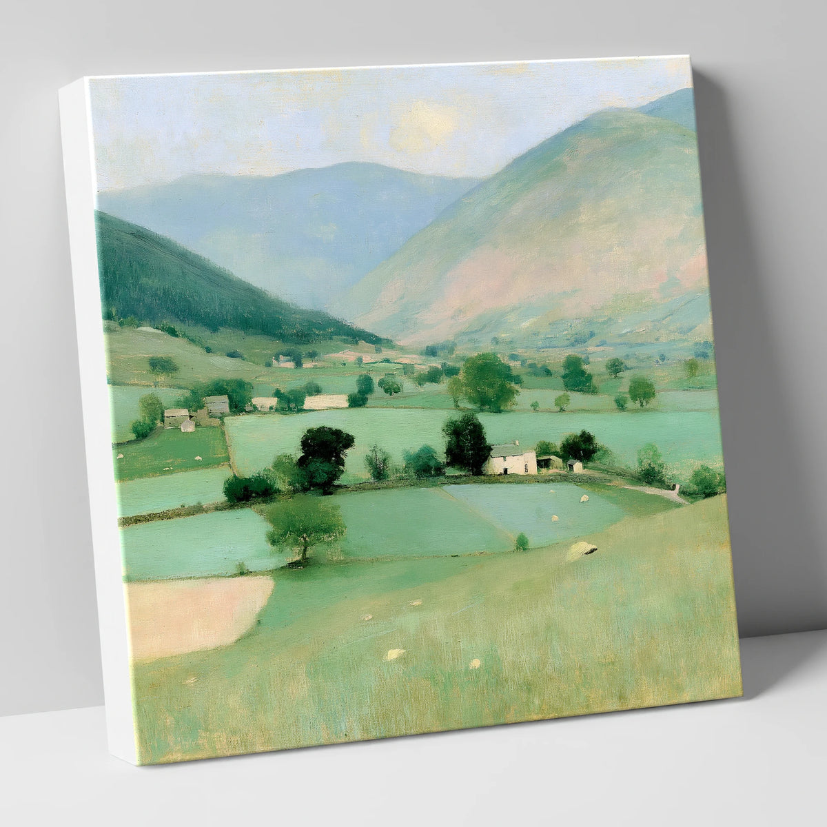 Patchwork Fields Beneath Hazy Fells lake district valley canvas wall art