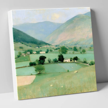 Patchwork Fields Beneath Hazy Fells lake district valley canvas wall art