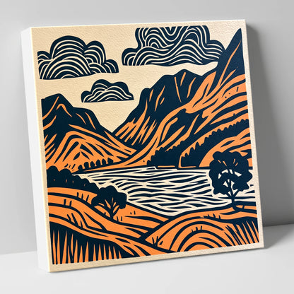 Buttermere Valley in Navy and Terracotta lake district lake canvas wall art