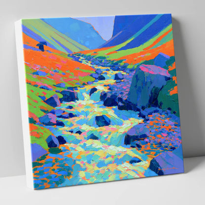 Vivid Flowing Fellside Beck lake district waterfall canvas wall art