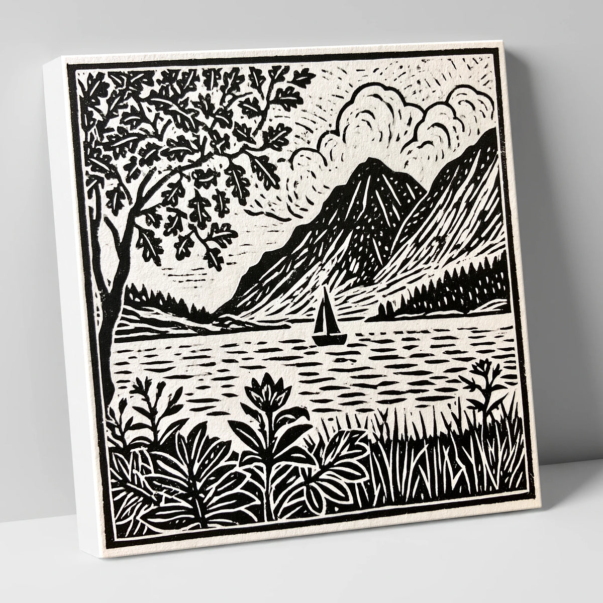 Monochrome Ennerdale Fells and Sailboat lake district valley canvas wall art