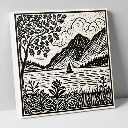 Monochrome Ennerdale Fells and Sailboat lake district valley canvas wall art