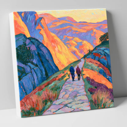 Walkers on an Amber Mountain Path lake district walking canvas wall art