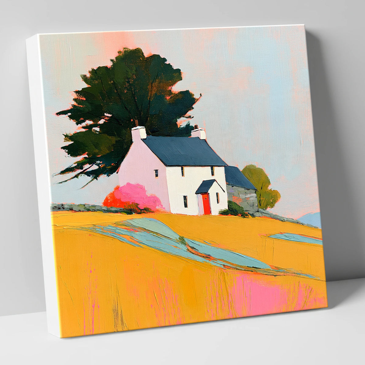 White Stone Cottage in Golden Fields lake district village canvas wall art