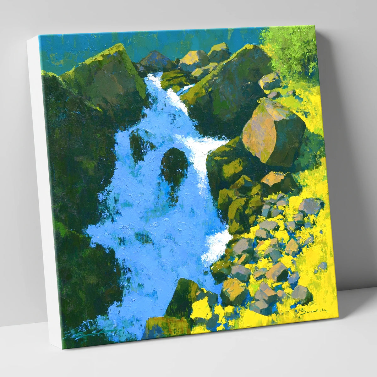 Vibrant Ghyll Waterfall and Sunlit Rocks lake district waterfall canvas wall art