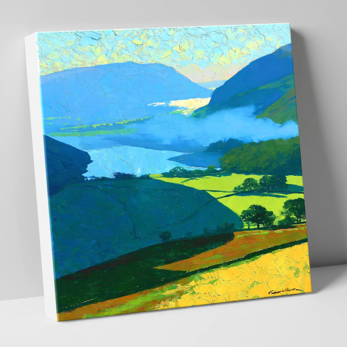 Misty Valley and Sunlit Lakeland Fields lake district sky canvas wall art