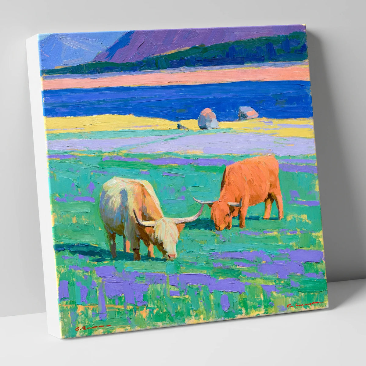 Vibrant Highland Cattle Pasture lake district wildlife canvas wall art