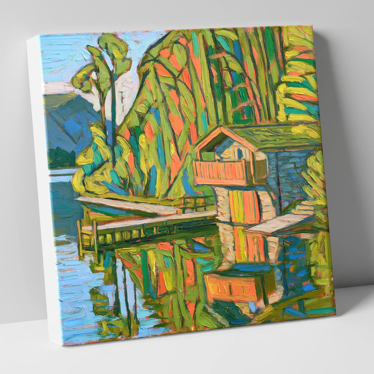 Vivid Pooley Bridge Boathouse lake district village canvas wall art