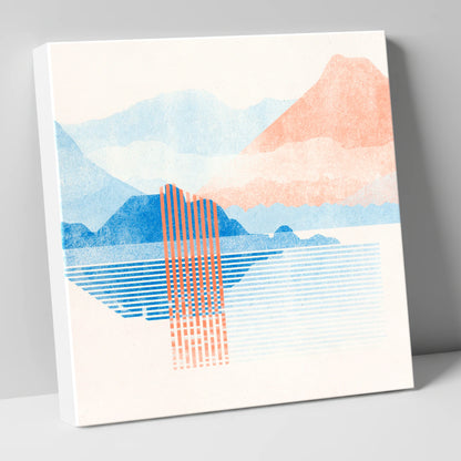 Geometric Derwentwater in Coral and Blue lake district lake canvas wall art