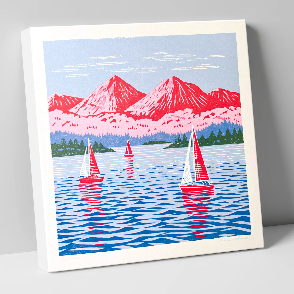 Windermere Sailboats Beneath Pink Fells lake district lake canvas wall art