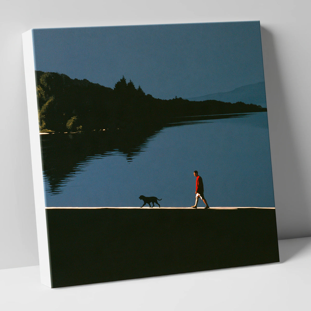 Coniston Water Dog Walk Silhouette gifts for dog walkers canvas wall art
