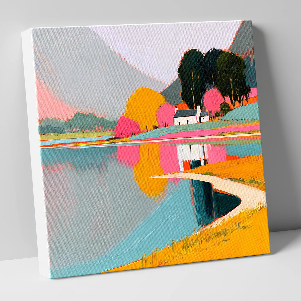 Vibrant Cottage and Lake Reflections lake district lake canvas wall art