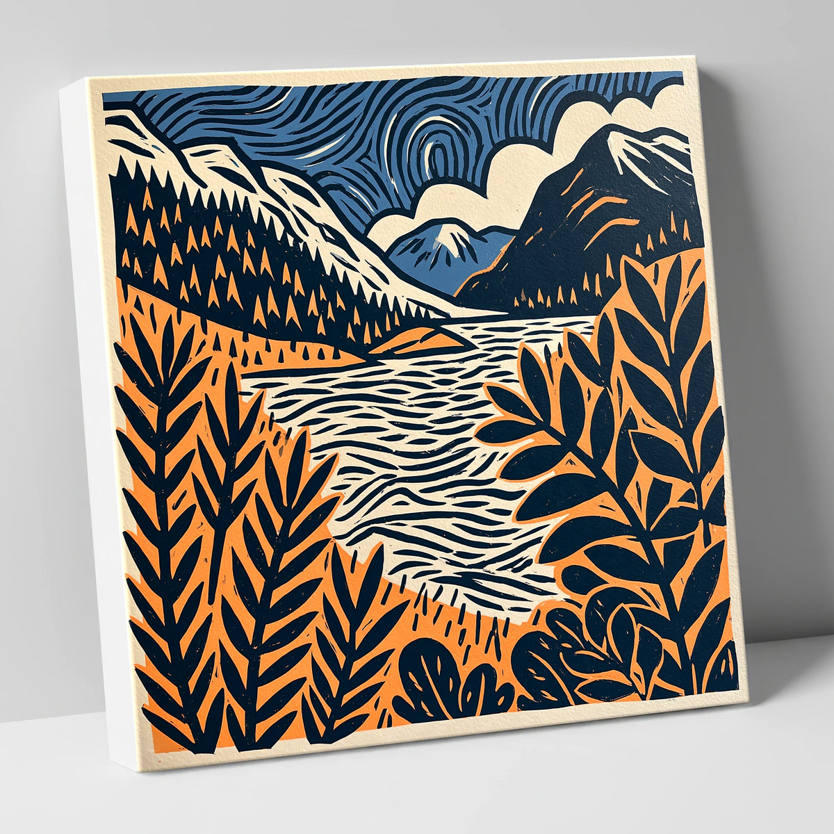 Navy and Terracotta Lake Dawn lake district lake canvas wall art