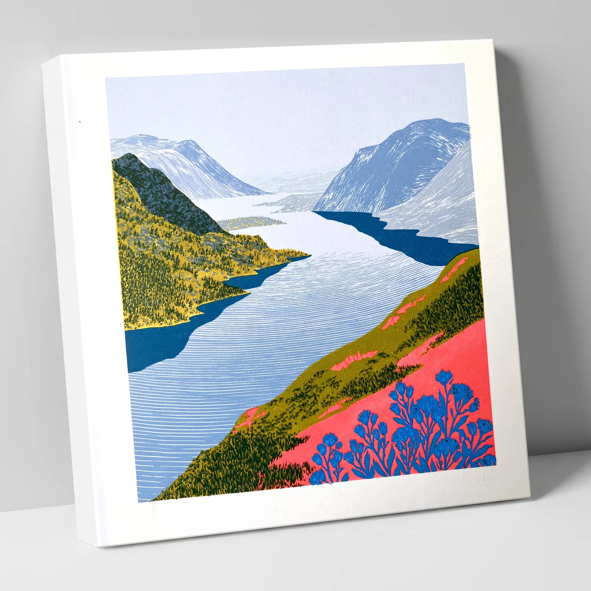 Graphic Lake And Fells In Coral lake district lake canvas wall art