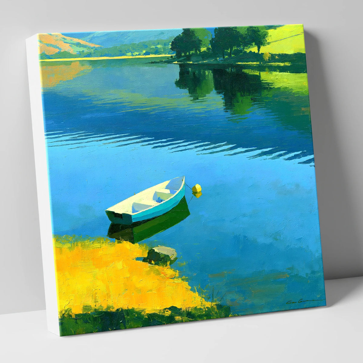 Blue Rowing Boat on Luminous Water lake district lake canvas wall art