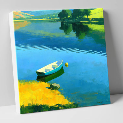 Blue Rowing Boat on Luminous Water lake district lake canvas wall art