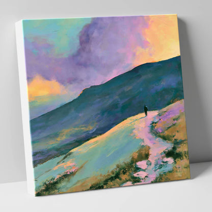 Lone Hiker Under Pastel Skies lake district walking canvas wall art