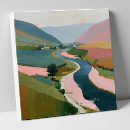 Winding River Valley in Pink lake district waterfall canvas wall art