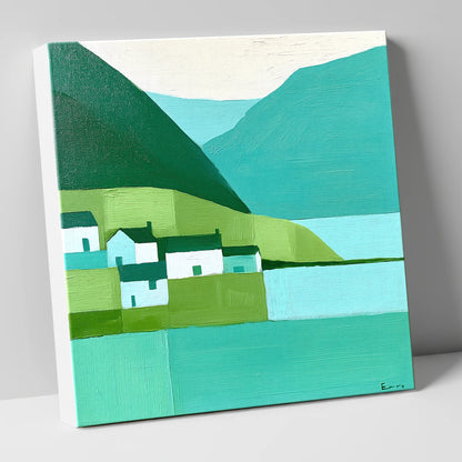 Modern Teal Lakeside Village lake district village canvas wall art