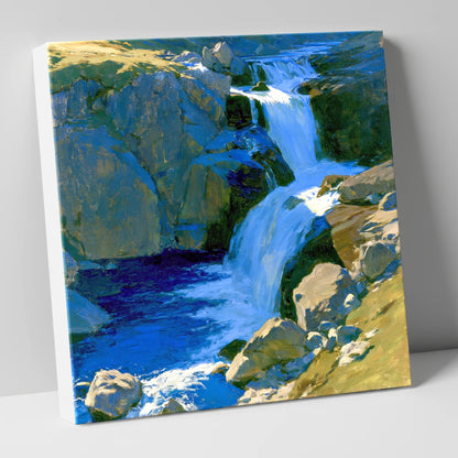 Cascading Waterfall over Sunlit Rocks lake district waterfall canvas wall art