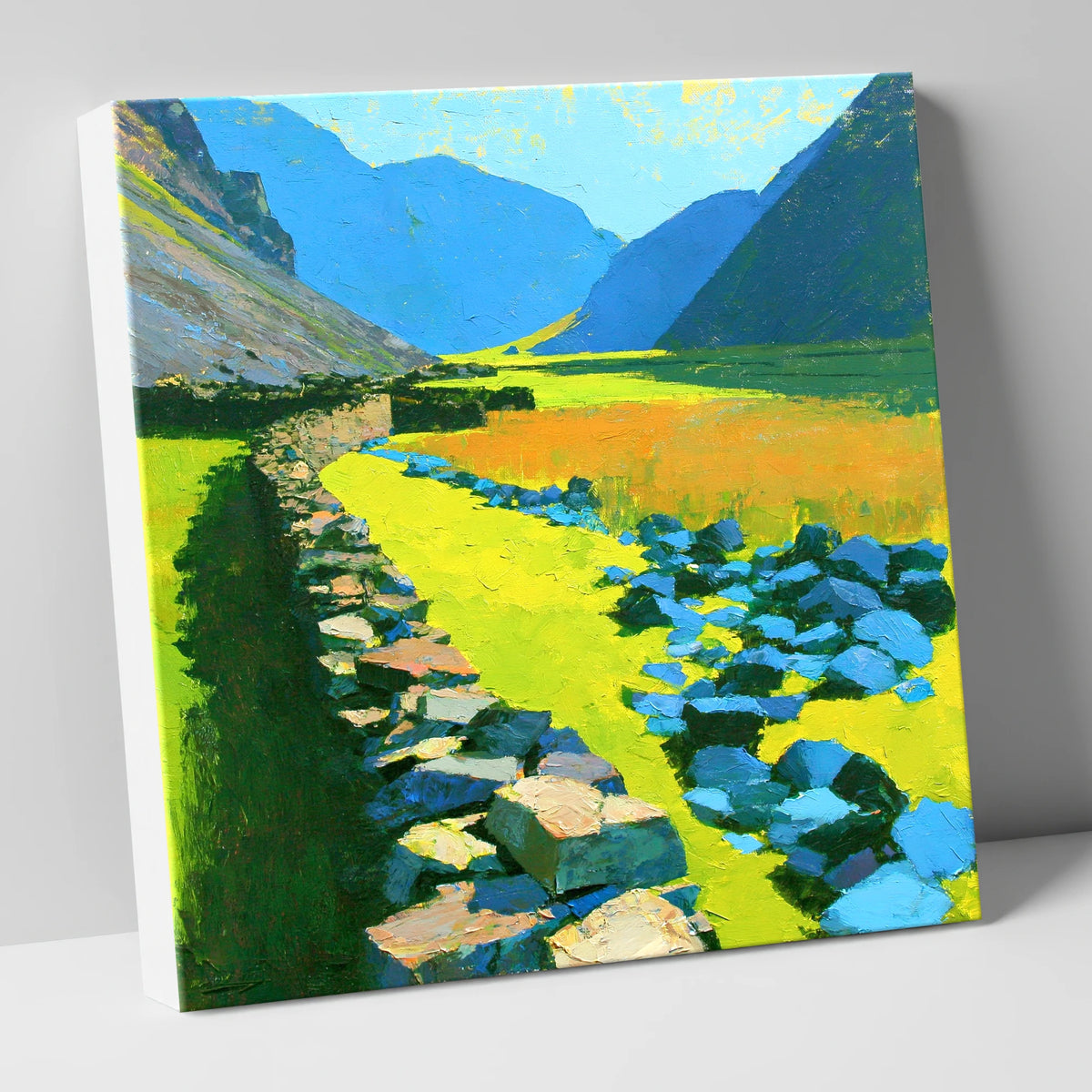 Sunlit Stone Wall and Blue Fells lake district valley canvas wall art