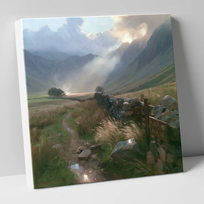 Valley Drystone Wall Under Sunburst lake district valley canvas wall art
