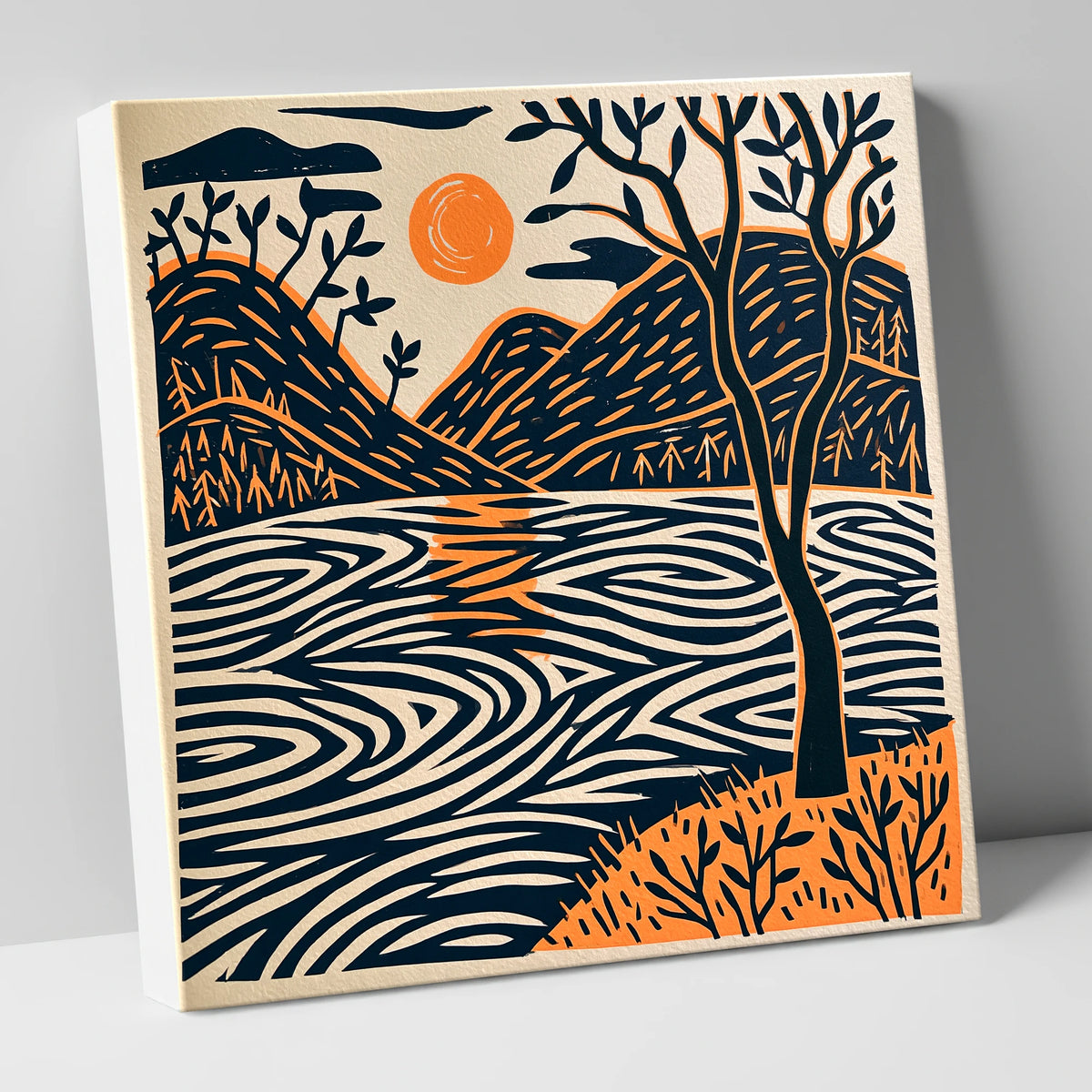 Dawn Lake in Terracotta and Navy lake district lake canvas wall art