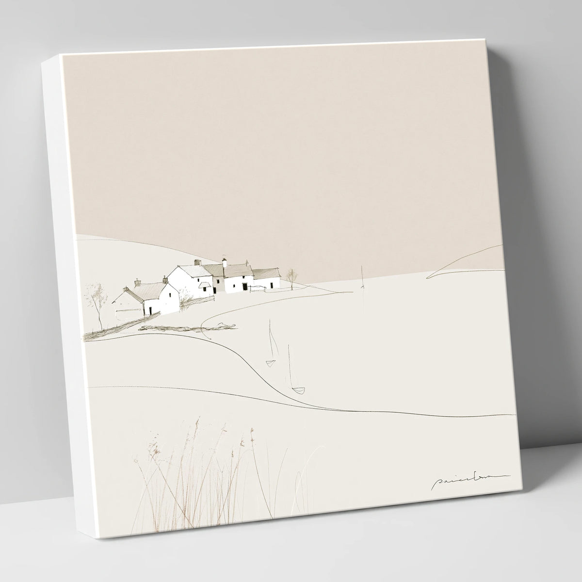 Minimalist White Lakeside Village lake district village canvas wall art
