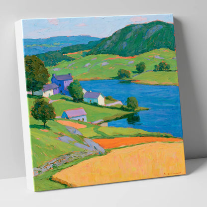 Vibrant Village on the Lakeshore lake district village canvas wall art
