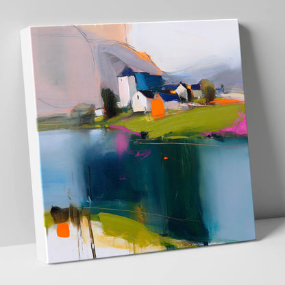 Vibrant Lakeside Village Reflections lake district village canvas wall art