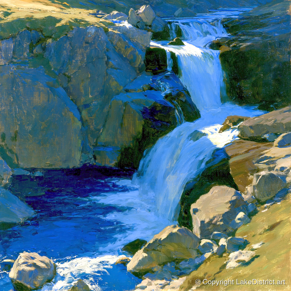 Cascading Waterfall over Sunlit Rocks - lake district waterfall art print and canvas by Percival Kent A.I