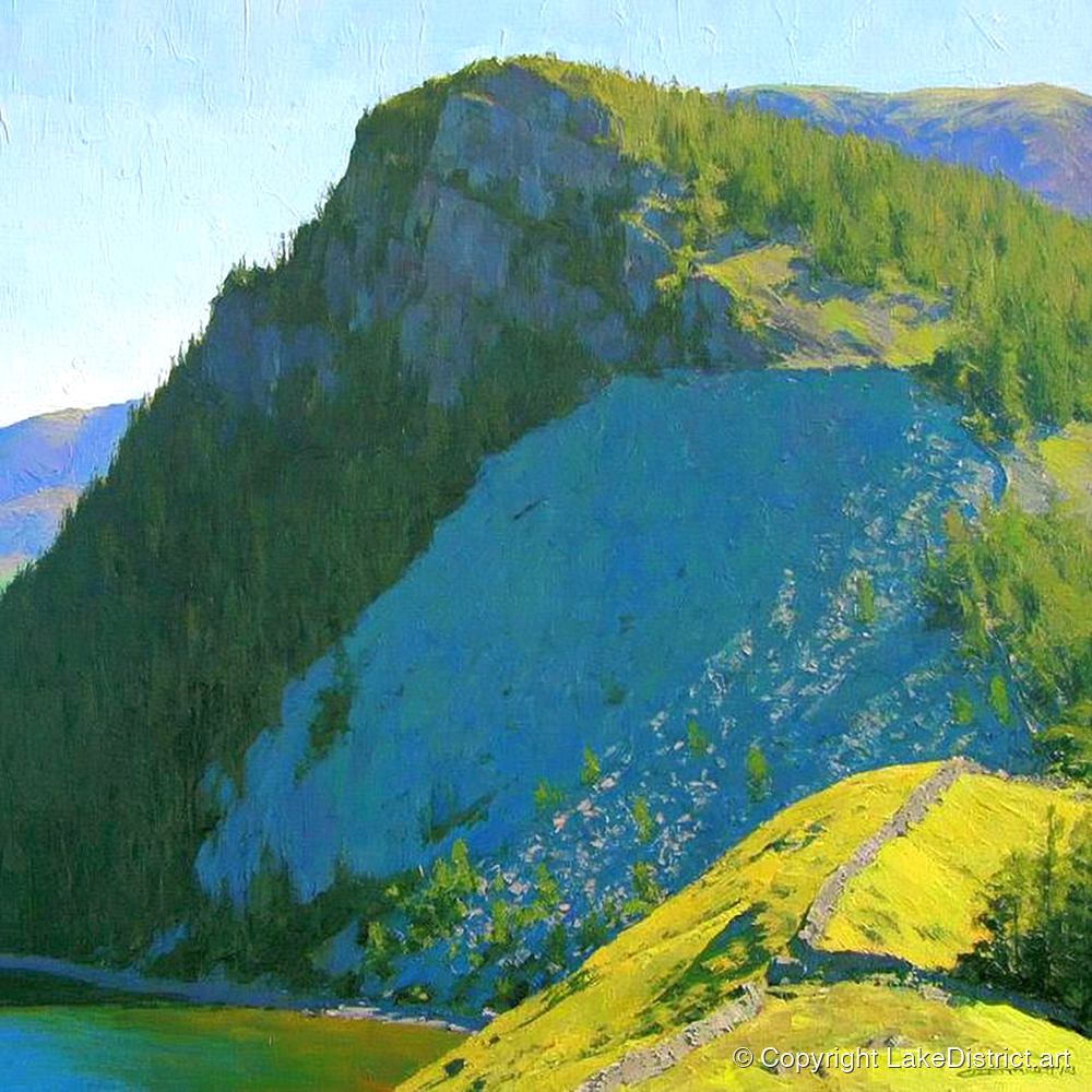 Castle Crag in Vibrant Sunlight - lake district fell art print and canvas by Daphne Morley A.I
