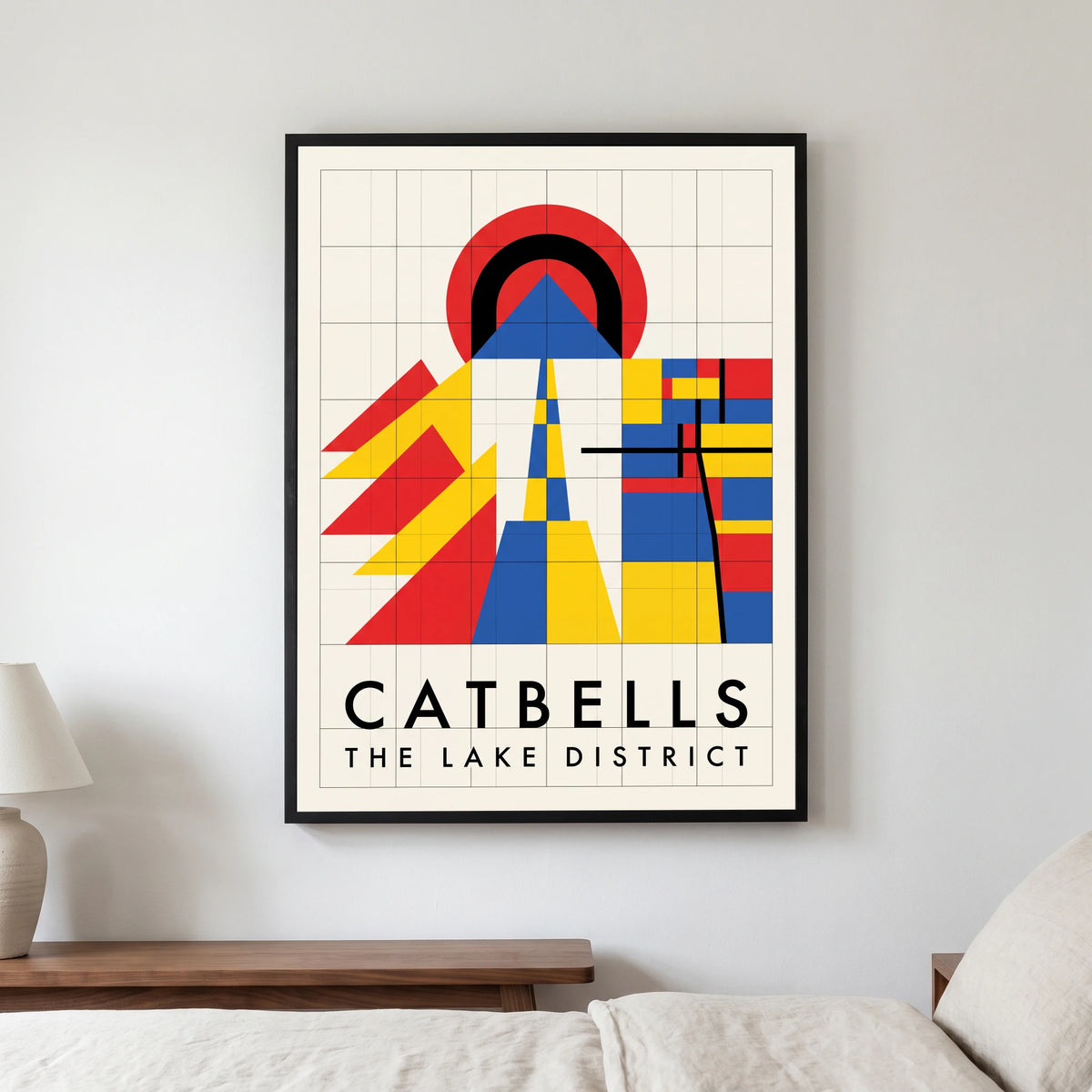 Catbells travel poster in a black frame, hanging in a bedroom3