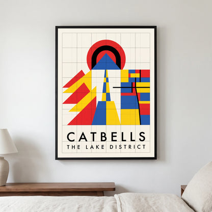 Catbells travel poster in a black frame, hanging in a bedroom3
