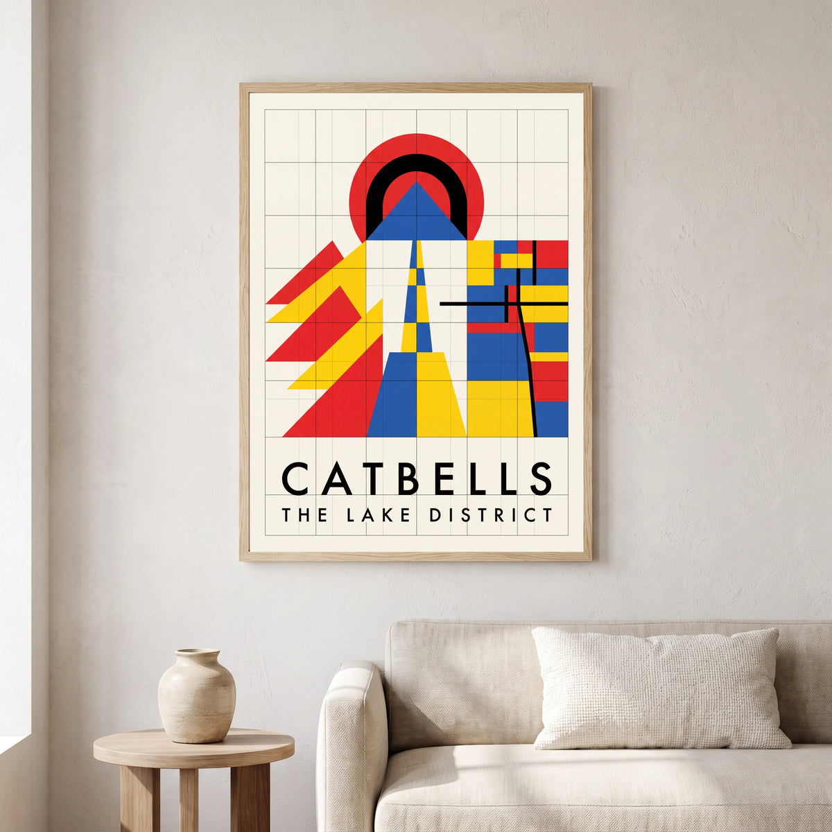 Catbells travel poster in a natural frame, hanging in a living