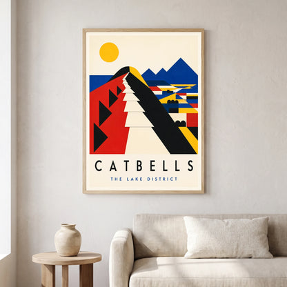 Catbells travel poster in a natural frame, hanging in a living