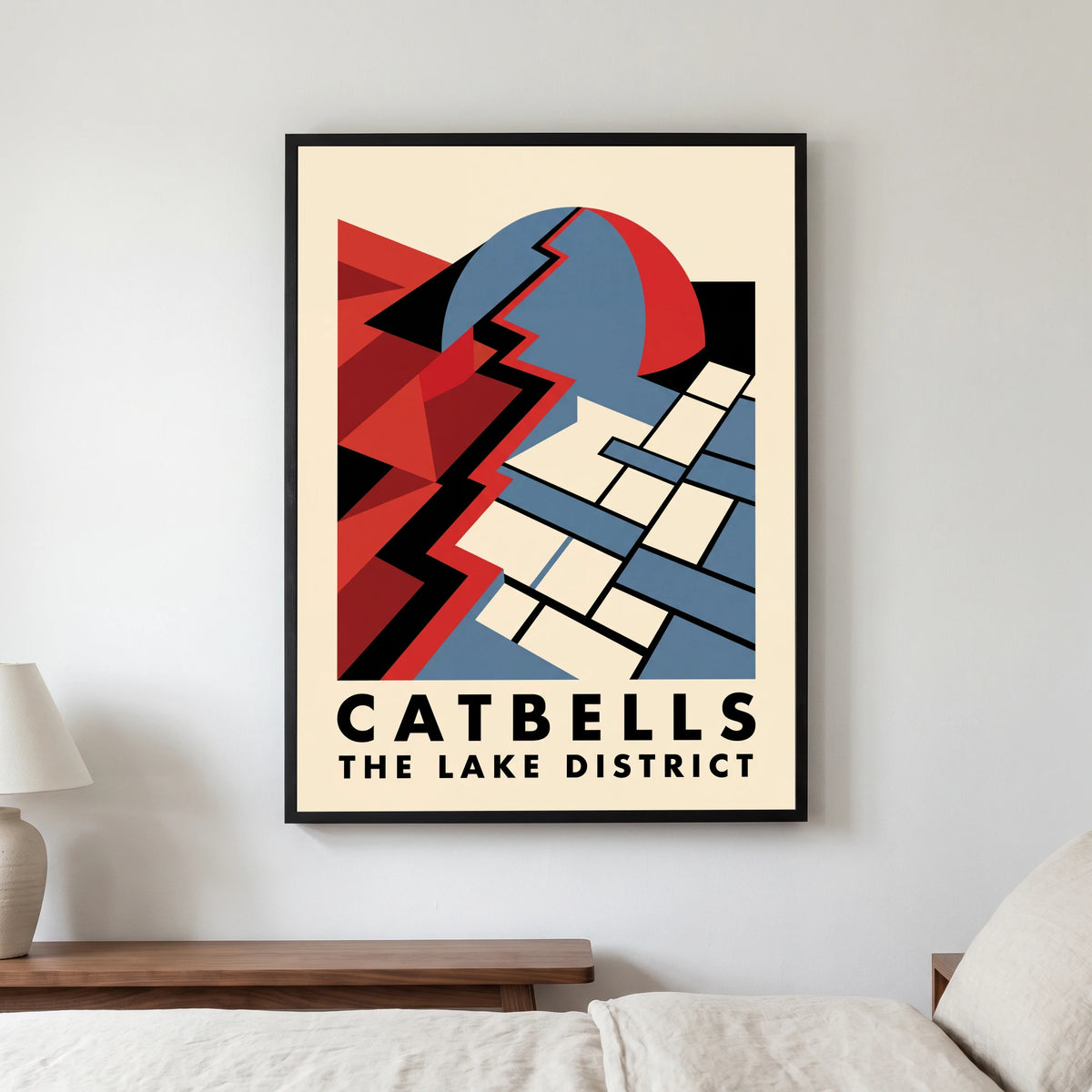 Catbells travel poster in a black frame, hanging in a bedroom3