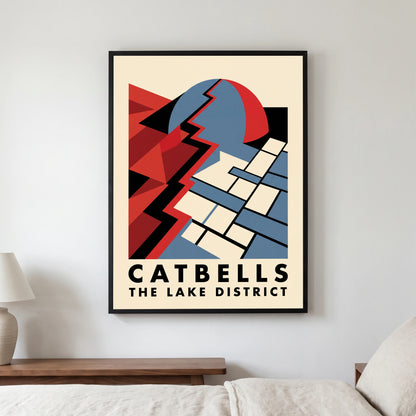 Catbells travel poster in a black frame, hanging in a bedroom3