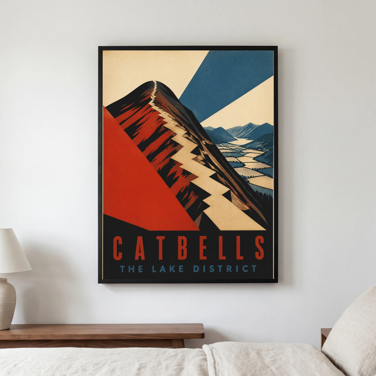 Catbells travel poster in a black frame, hanging in a bedroom3