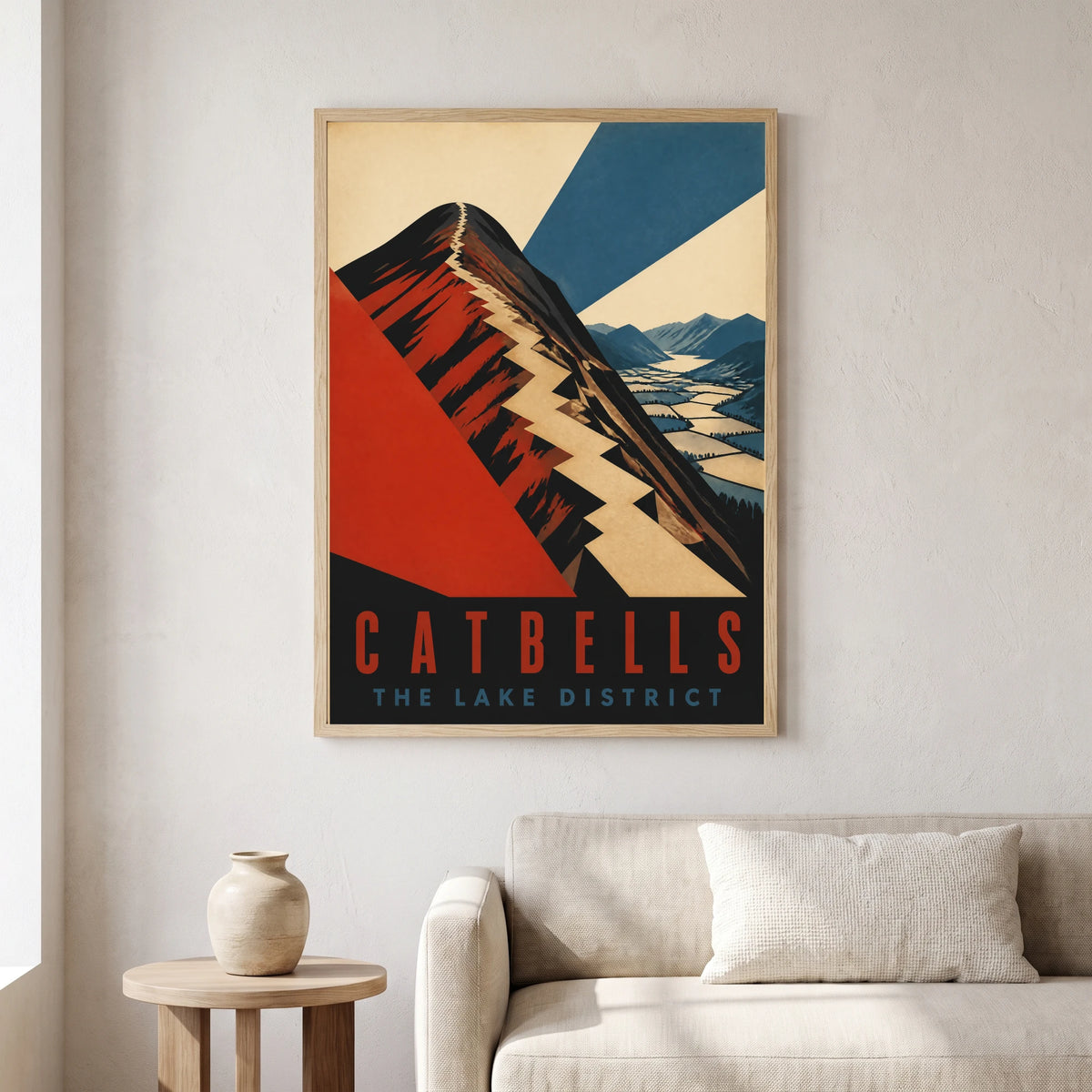 Catbells travel poster in a natural frame, hanging in a living