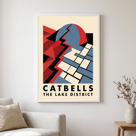 Catbells travel poster in a white frame, hanging in a living2