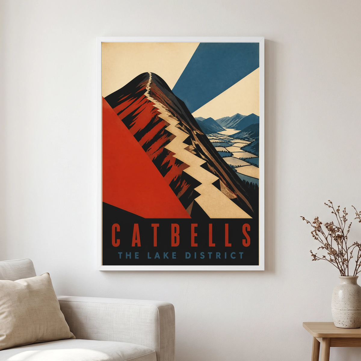 Catbells travel poster in a white frame, hanging in a living2